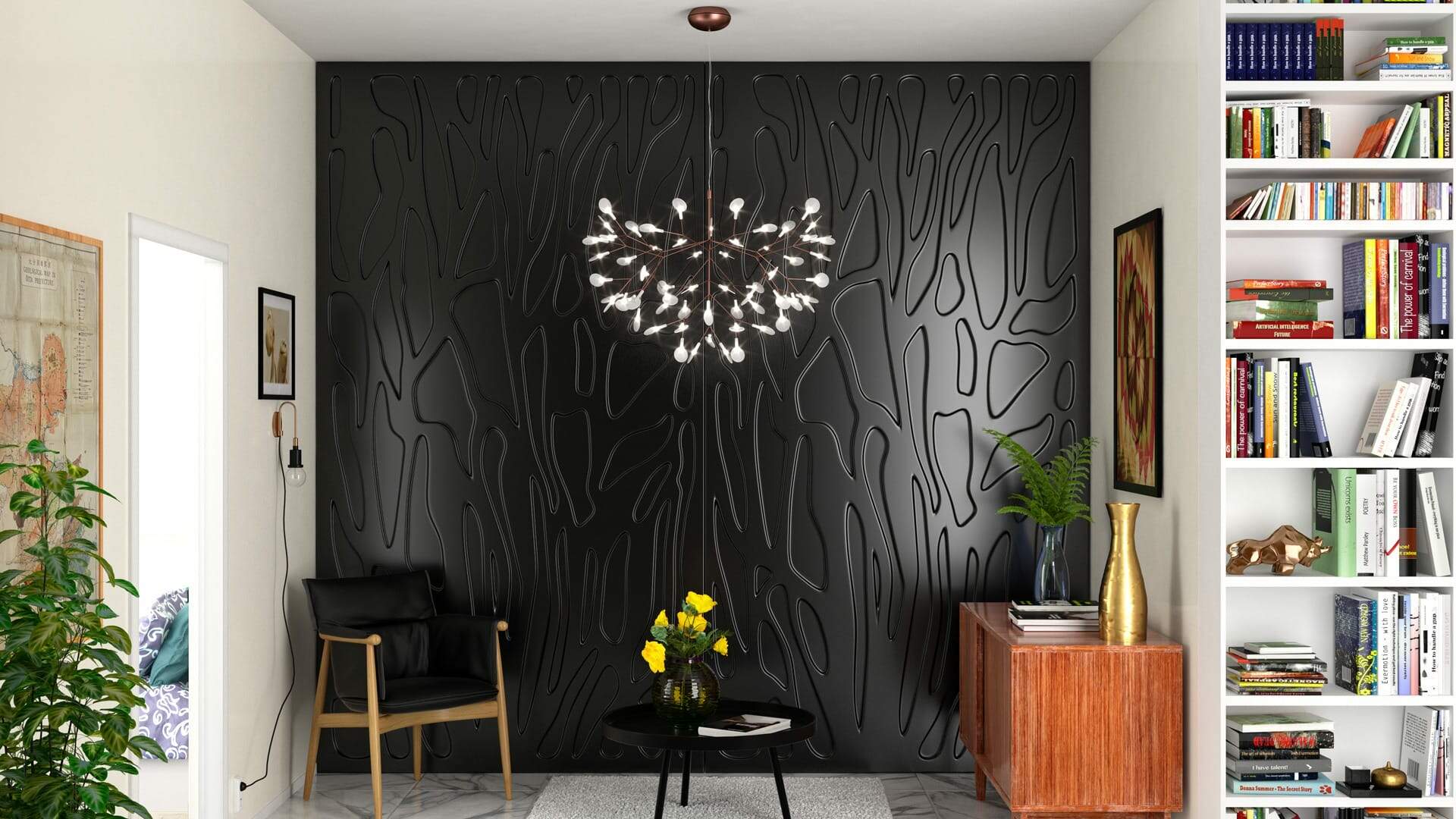 Painel decorativo PET Tramezzo modelo Tronk Cor Preto Painel decorativo em MDF revestido com resina pet Código PAN04